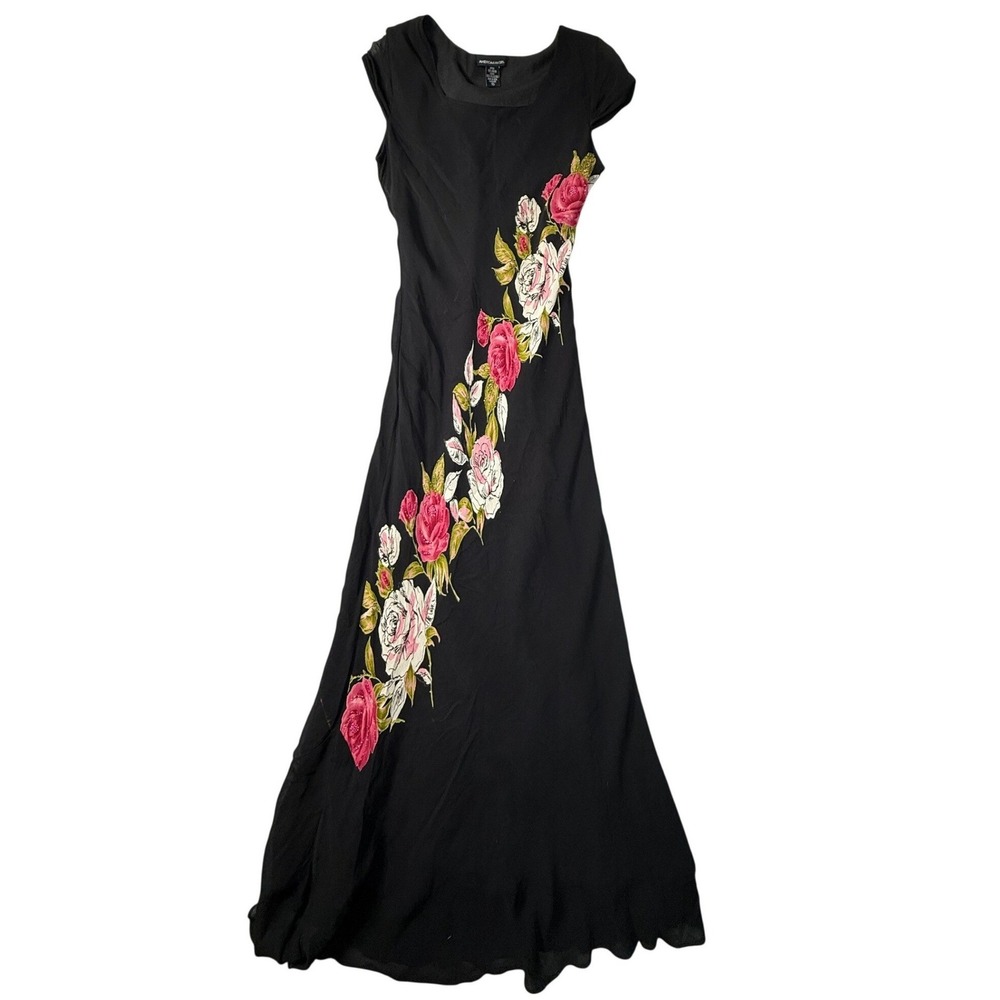 American Angel Vintage Black Floral Maxi Dress Pink Roses Beaded Cap Sleeve M
